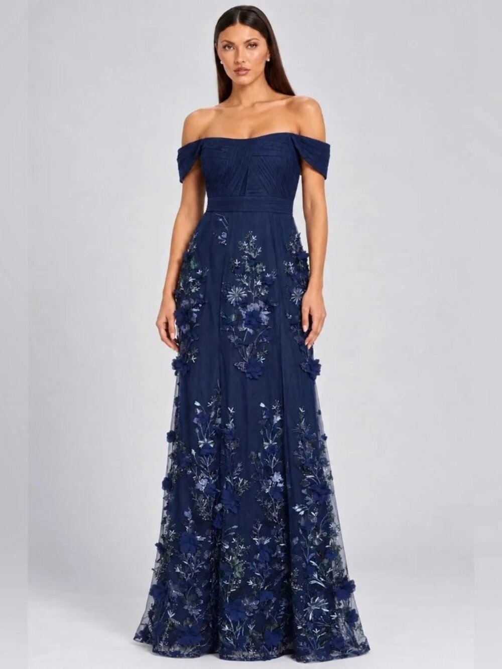 Aidan Mattox Adrianna Papell Blue Navy 3D Embroidered Floral Gown